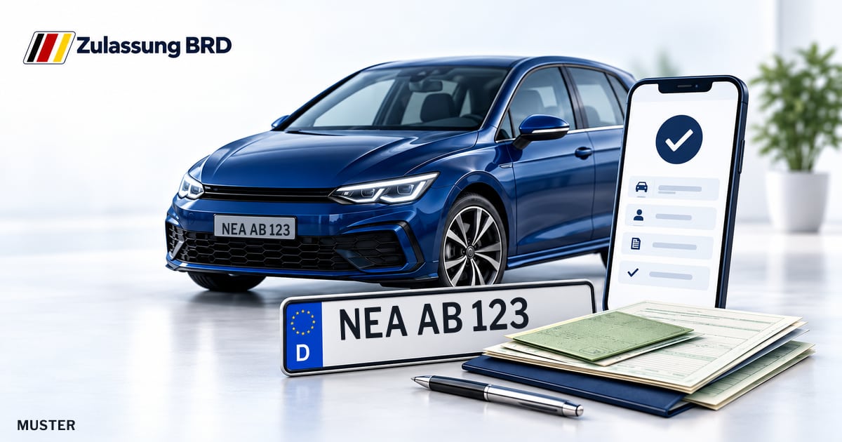 Online Fahrzeugzulassung in Bad Windsheim: Musterkennzeichen NEA AB 123, Auto und Fahrzeugpapiere und Smartphone. Illustration mit Logo von Zulassung BRD.